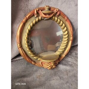 Vtg. Ornate Hollywood Regency Gold Red Wall Mirror Rope Genie Lamp Chalkware MCM